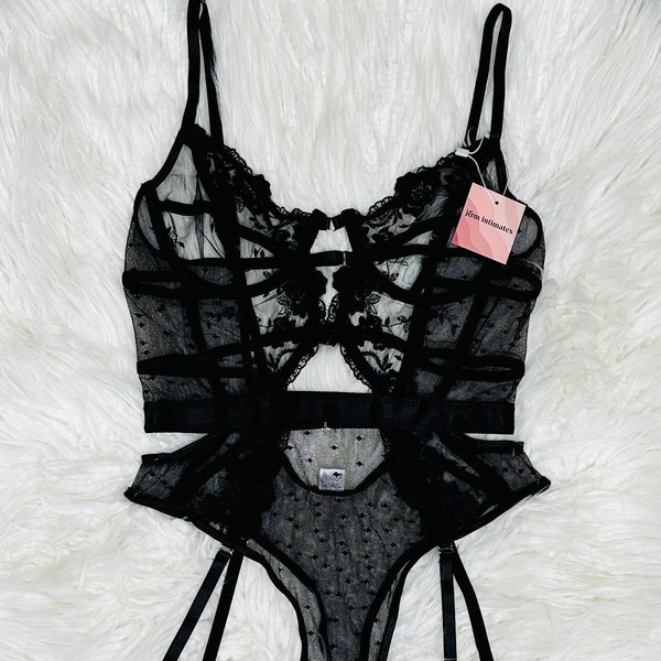 Floral Black Embroidery Lace Teddy Bodysuit, Garter Belt Set, Gift for Women