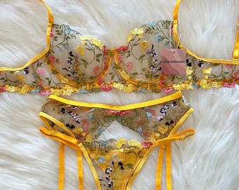 Yellow Floral Lingerie Set ~ Lace Lingerie ~ Embroidered Lingerie ~ Garter Belt ~ Gift for her ~ Bridal Lingerie