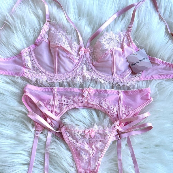 Caged Baby Pink Floral Soft Lace  Lingerie set with, Garter Belt, Thigh Straps, Gift for women