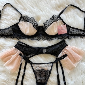 Elegant Black & Pink Mesh Garter Lace Lingerie Set, Gift for Women
