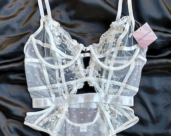 White Bridal Embroidery Lace Teddy Bodysuit, Garter Belt Set, Gift for Women