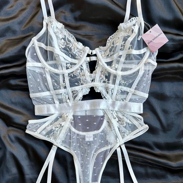White Bridal Embroidery Lace Teddy Bodysuit, Garter Belt Set, Gift for Women