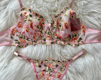 Pink Floral Mesh Embroidery Lingerie set with thong, Gift for women