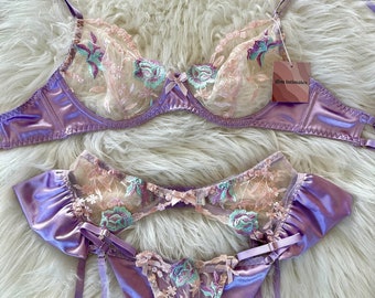 Lavender Floral Lace Embroidery Lingerie set, Garter Belt, thigh straps, Gift for Women