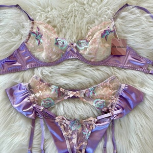 Lavender Floral Lace Embroidery Lingerie set, Garter Belt, thigh straps, Gift for Women