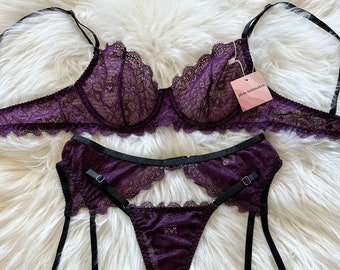 Deep Plum Floral Soft Lace  Lingerie set with, Garter Belt, Thigh Straps, Gift for women