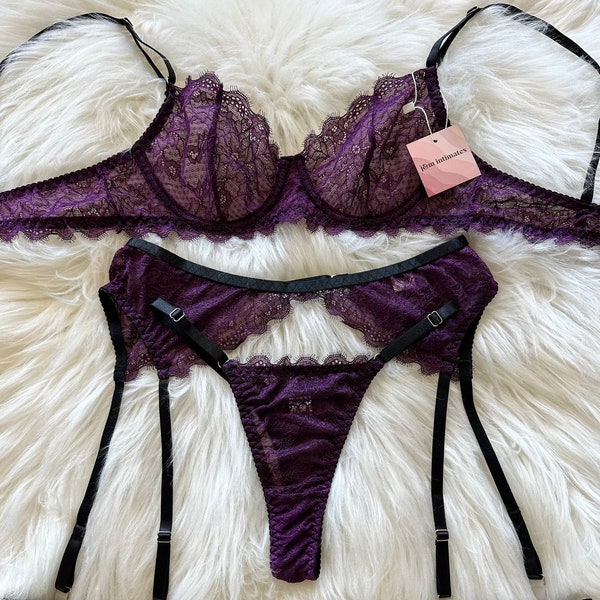 Deep Plum Floral Soft Lace  Lingerie set with, Garter Belt, Thigh Straps, Gift for women