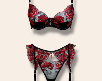 Red Rose Embroidered Lingerie Set, Black Sheer Mesh Bra & Garter Thong, Floral Lace Underwire Lingerie, Lingerie Set, Gift for her