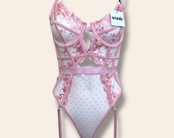 Floral Vibrant Pink Embroidery Lace Teddy Bodysuit, Garter Belt Set, Gift for Women