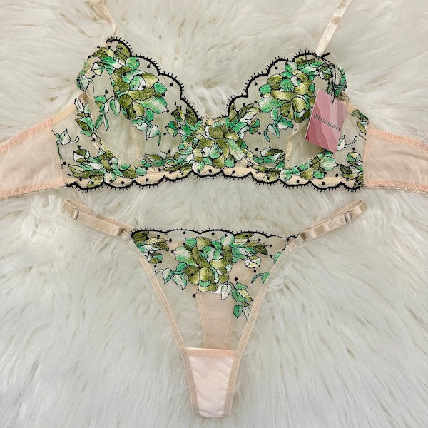 Green & Nude Floral Mesh Embroidery Lingerie set panty, Gift for women