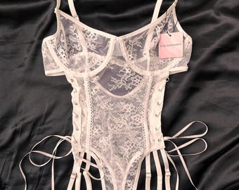 Floral White Stretch Lace Teddy Bodysuit, Gift for bride