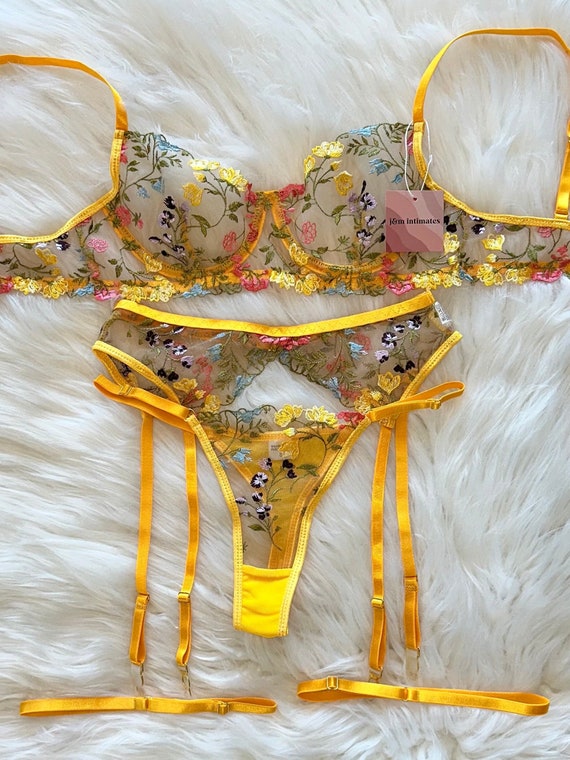 Yellow Floral Lingerie Set Lace Lingerie Embroidered Lingerie