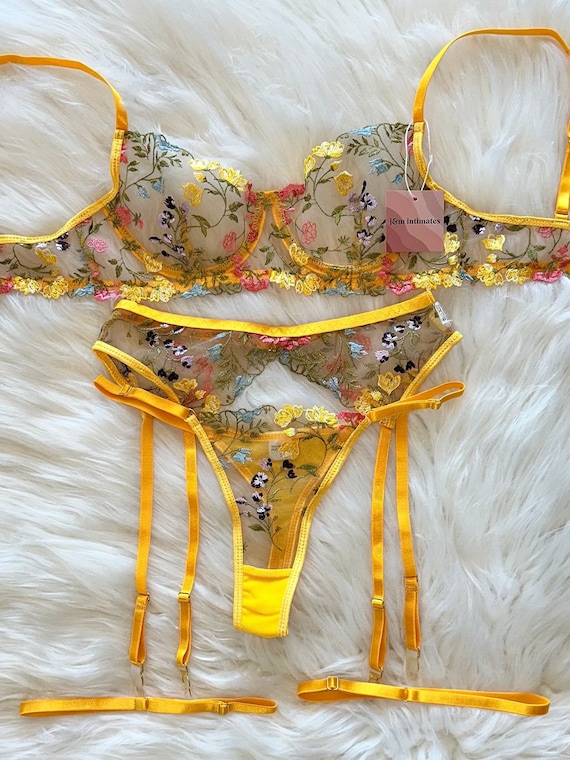 Yellow Floral Lingerie Set Lace Lingerie Embroidered Lingerie