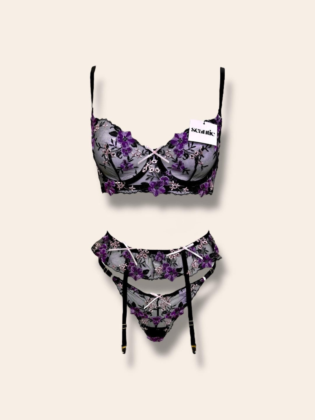 Rebecca Set ~ Black Floral Lace Lingerie Set with Garter Belt