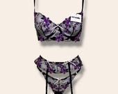 Black & Purple Floral Lace Lingerie set with, Garter Belt, Adjustable Panty, Gift for women