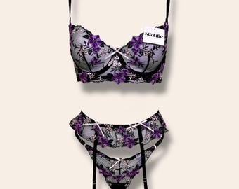 Black & Purple Floral Lace Lingerie set with, Garter Belt, Adjustable Panty, Gift for women