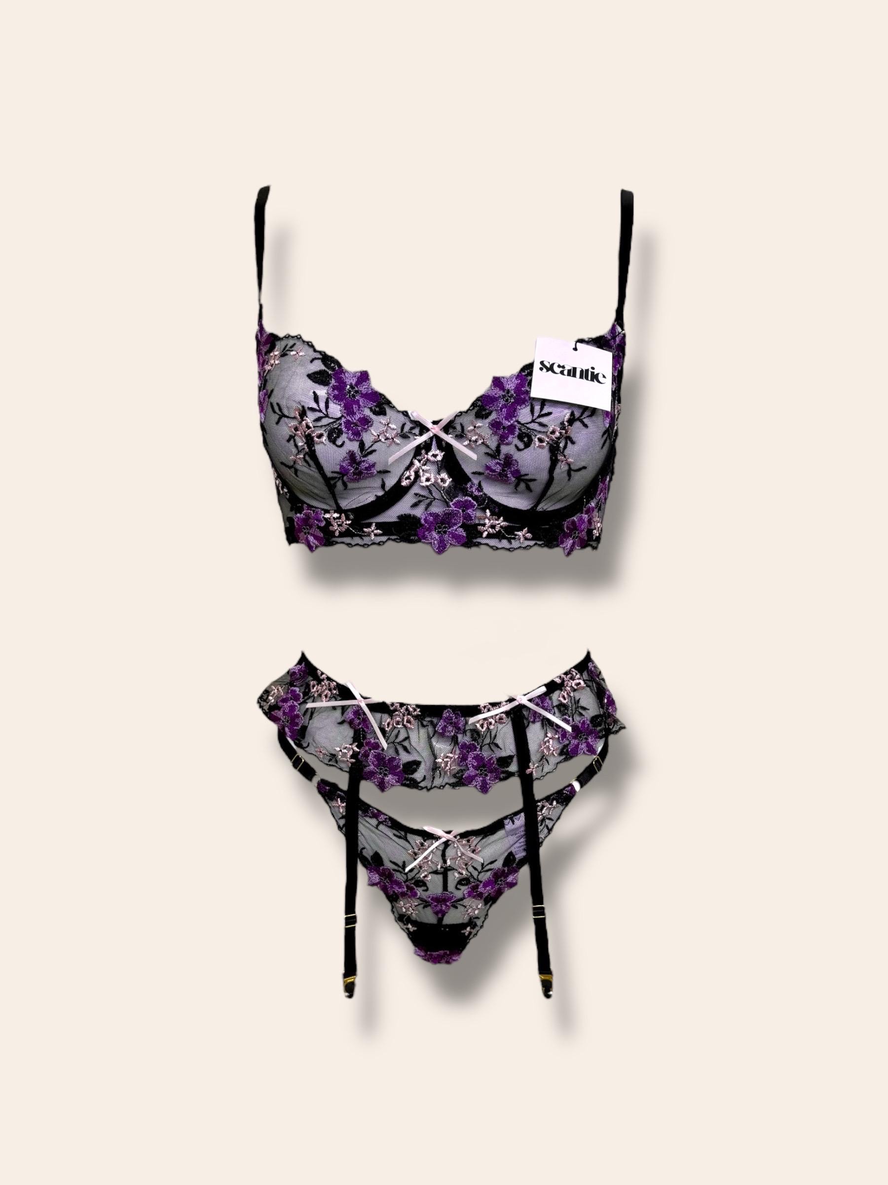 Black & Purple Floral Lace Lingerie Set With, Garter Belt, Adjustable  Panty, Gift for Women - Etsy