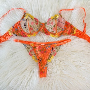 thumbnail image 2 of SCECXY Women's Lingerie Set - Floral Lace Mesh Bra & Panty 2 Piece Set With Bow 2 of 13
