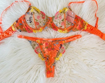 Orange Silky Floral Lace Lingerie, Embroidery, Gift for her,  Bridal Gift
