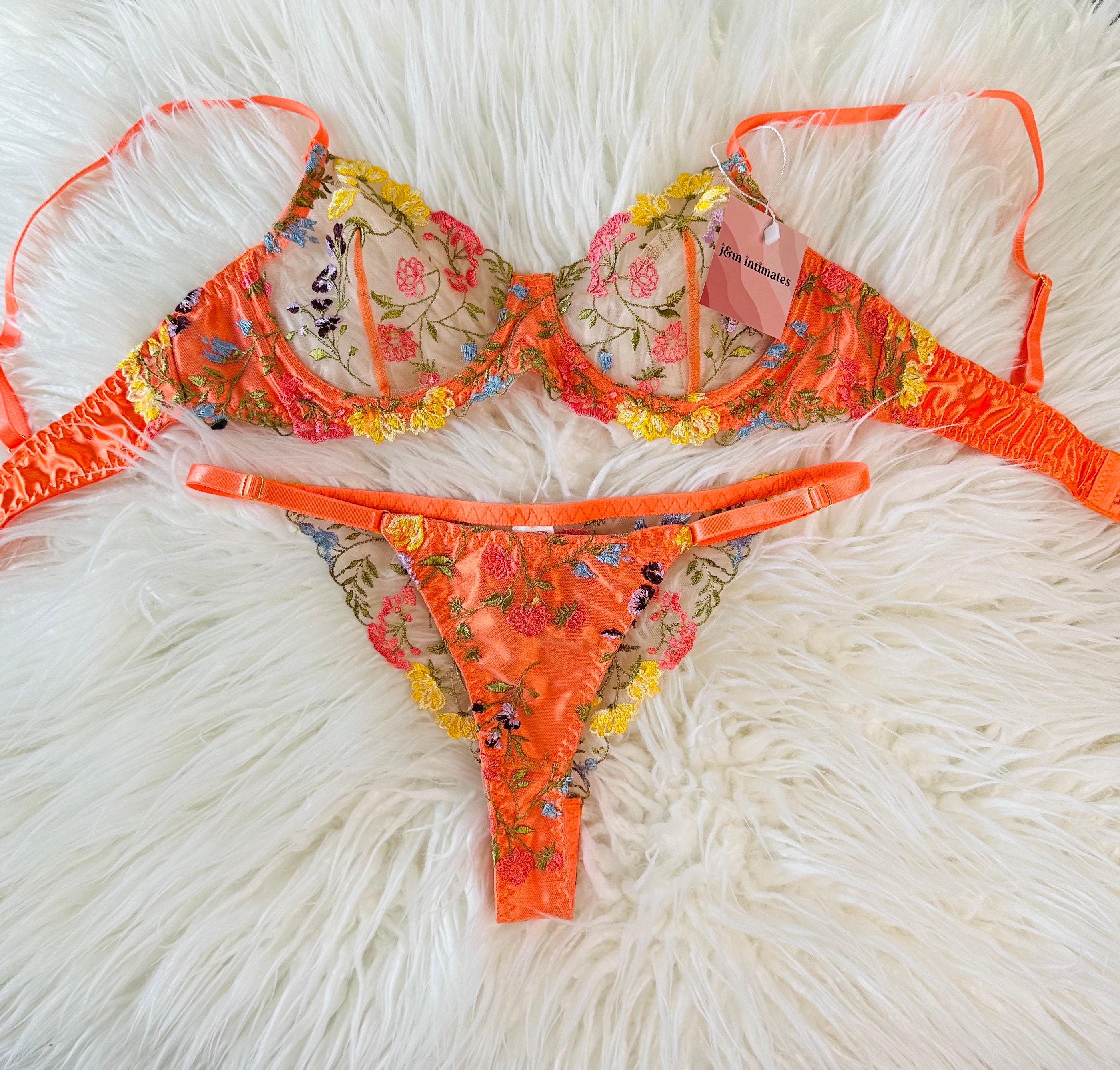 Orange Embroidered Lace See Through Crop Top And Floral Thong Set