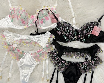 Silky Daisy Embroidered Lingerie set, Garter Belt, thong panty, Gift for Women