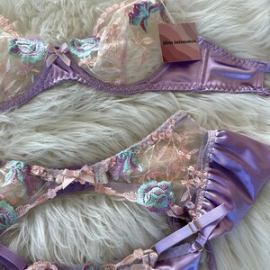 Floral Embroidery Bra Set with Garter Belt - For Whimsical Evenings