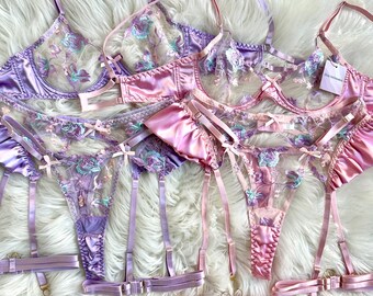 Floral Lace Embroidery Lingerie set, Garter Belt, thigh straps, Gift for Women, jmintimates