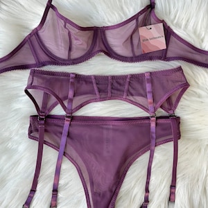 Soft Purple Mesh Lingerie set with, Garter Belt, Thong Panty, Gift for women