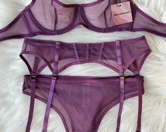 Soft Purple Mesh Lingerie set with, Garter Belt, Thong Panty, Gift for women