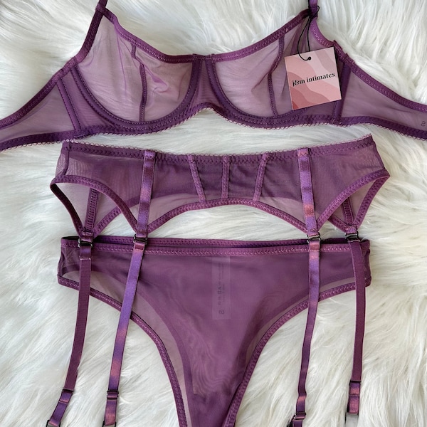 Purple Lace Satin Strappy Garter Bra Set with Gold Detail