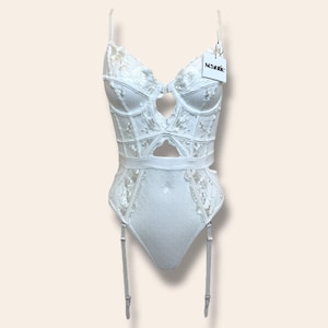 White Lace Embroidery Bridal Teddy Bodysuit with Garter Belt