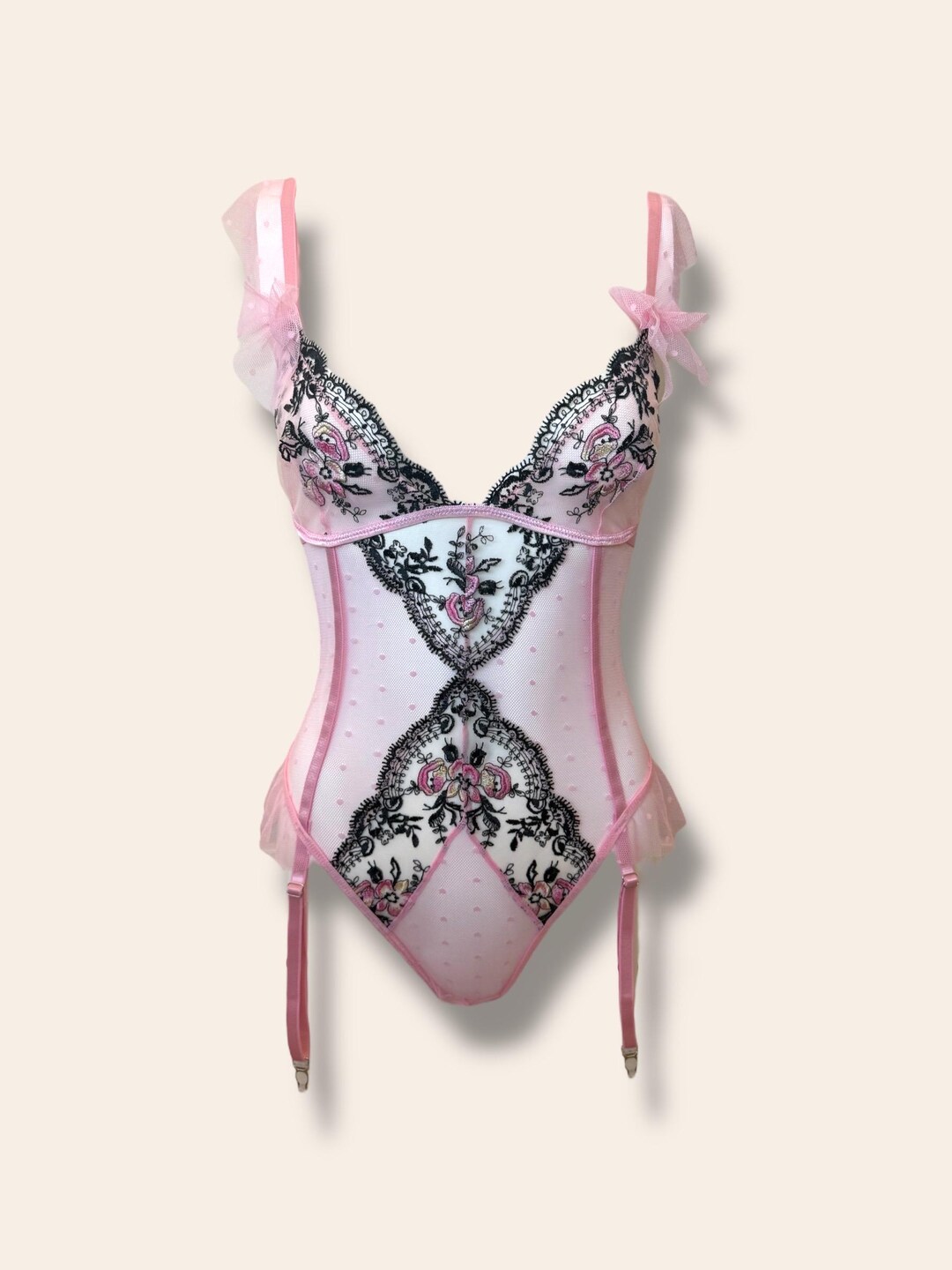 Pink Embroidered Bodysuit Lingerie, Floral Lace Teddy With Garters - Etsy