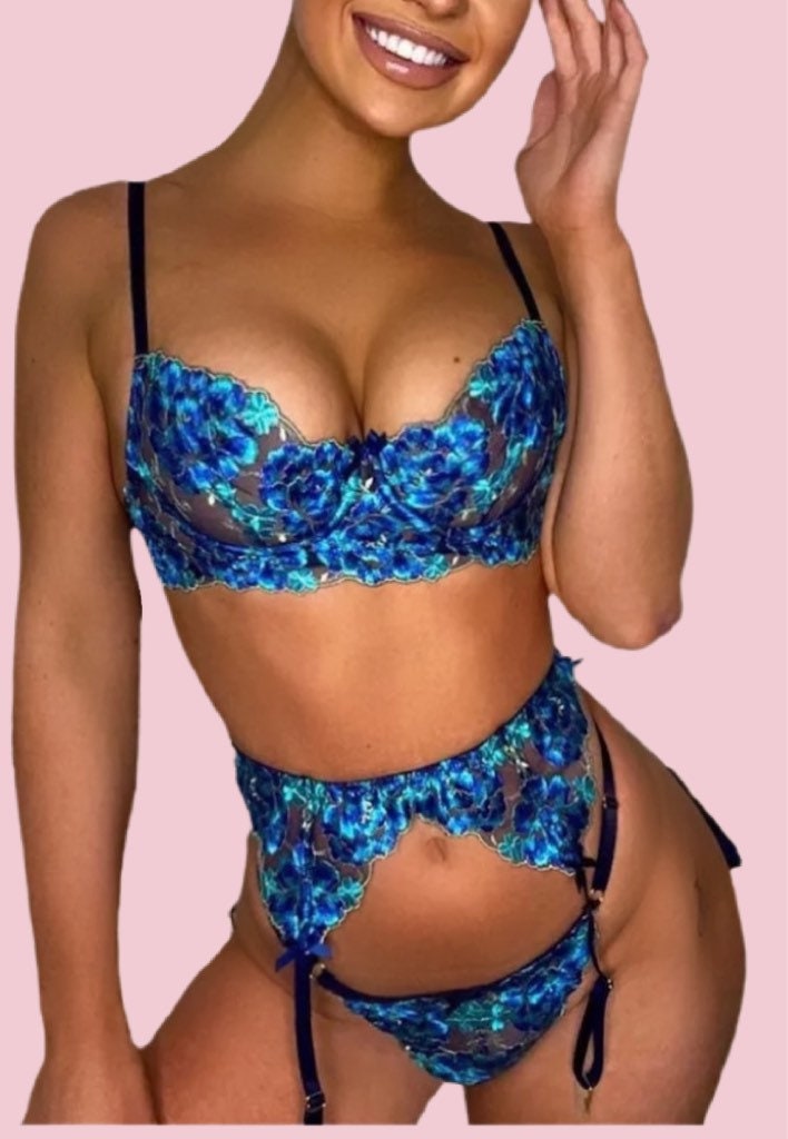 Blue Embroidered Lingerie Set ~ Garter Belt Set ~ Floral Lace Lingeri…