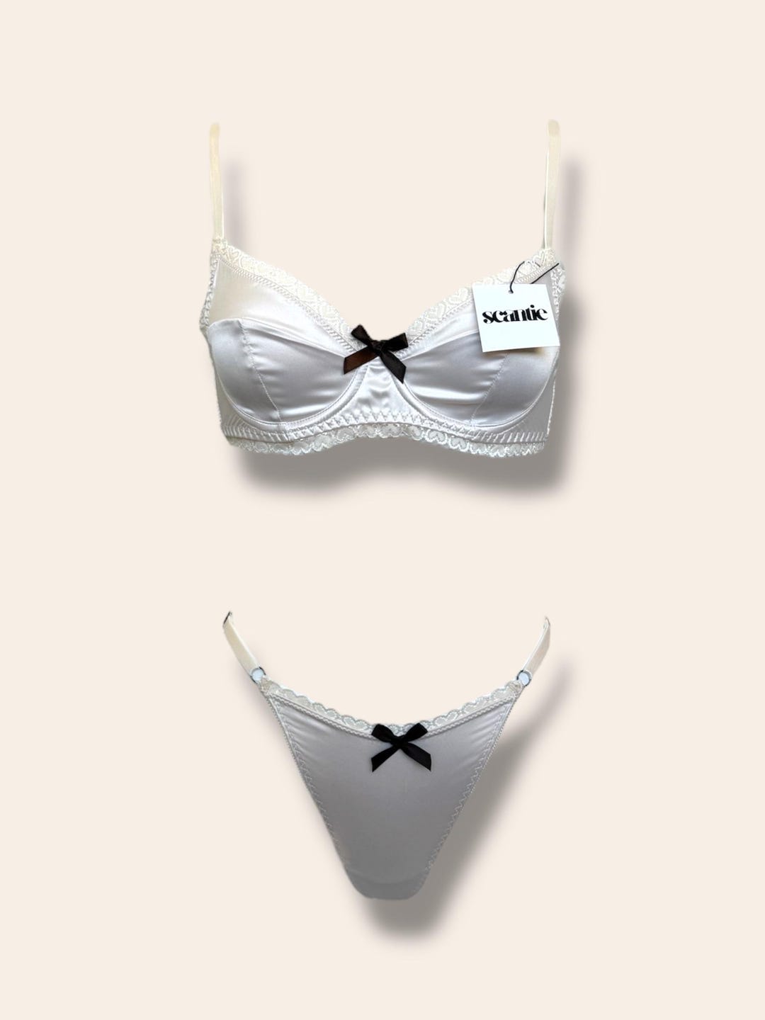 Ivory Satin & Lace Lingerie Set With Heart Trim and Brown Bow Accents, Lingerie Set, Gift for Her - Etsy