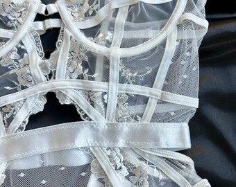 White Lace Embroidery Bridal Teddy Bodysuit With Garter Belt - Etsy