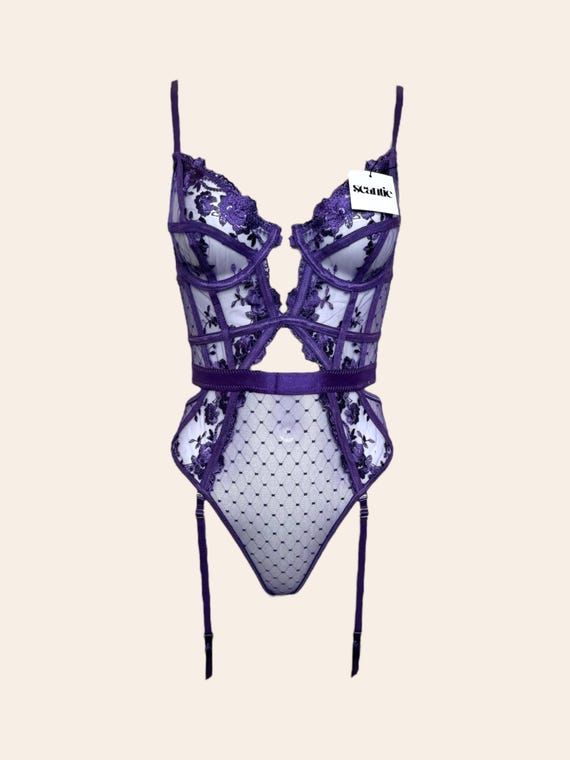 Purple Lace Teddy Bodysuit Lingerie, Garter Belt Set, Gift for Women
