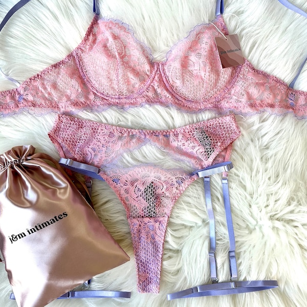 Pink Floral Soft Lace  Lingerie set with, Garter Belt, Thigh Straps, Gift for women