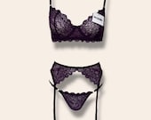 Deep Plum Floral Soft Lace  Lingerie set with, Garter Belt, Thigh Straps, Gift for women