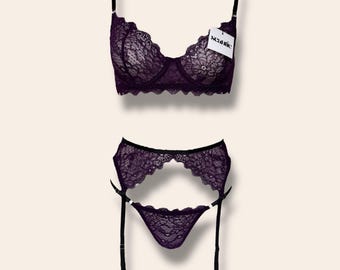 Deep Plum Floral Soft Lace  Lingerie set with, Garter Belt, Thigh Straps, Gift for women