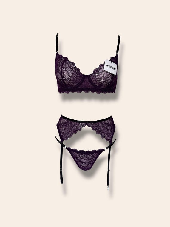how to use a garter belt Deep Plum Floral Soft Lace Lingerie Set With, Garter Belt, Thigh Straps,  Gift for Women