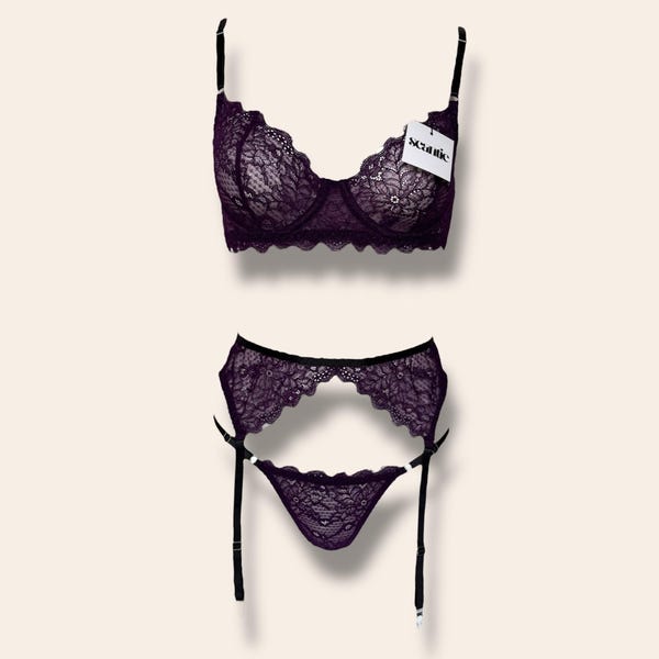 Deep Plum Floral Soft Lace  Lingerie set with, Garter Belt, Thigh Straps, Gift for women