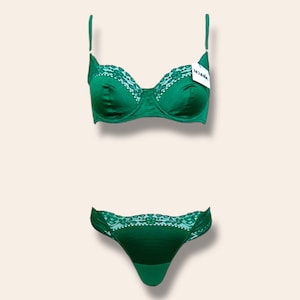 Kelly Green Satin & Lace Lingerie Set, Underwire Bra, Thong Panty, Gift for her
