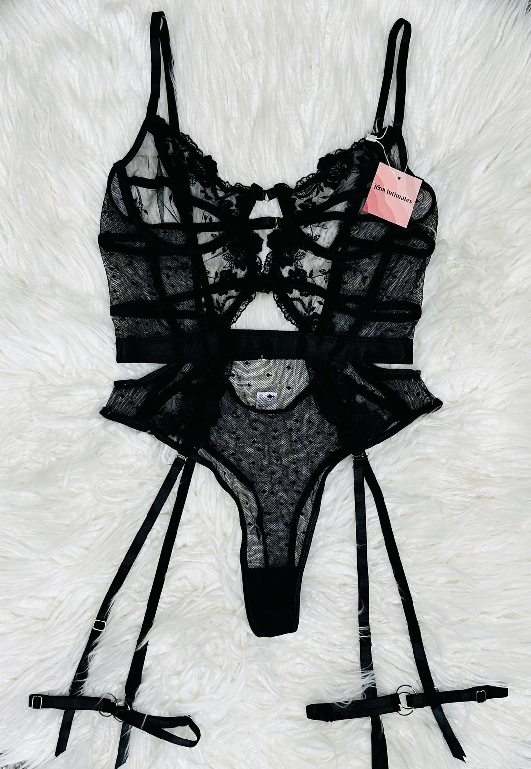 Floral Black Embroidery Lace Teddy Bodysuit, Garter Belt Set, Gift for ...
