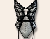 Floral Black Embroidery Lace Teddy Bodysuit, Garter Belt Set, Gift for Women