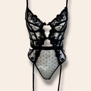 Floral Black Embroidery Lace Teddy Bodysuit, Garter Belt Set, Gift for Women
