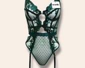 Floral Emerald Green Embroidery Lace Teddy Bodysuit, Garter Belt Set, Gift for Women, Size S-XL