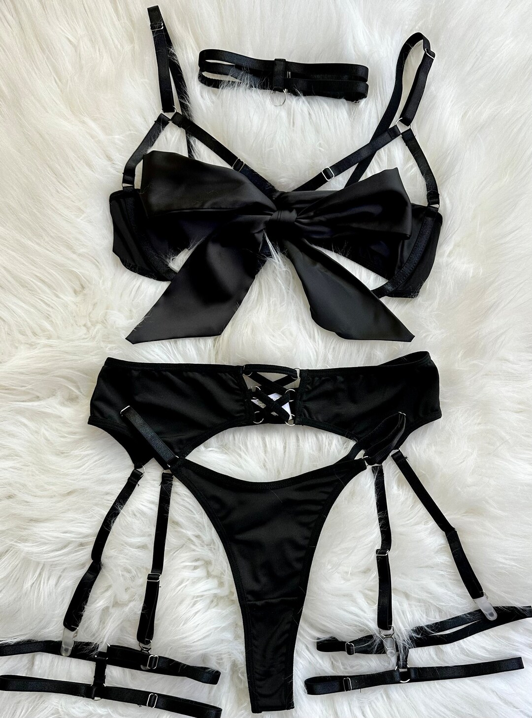 Black Caged Silky Lingerie set with bow, Thigh Straps, Chocker, Gift for women