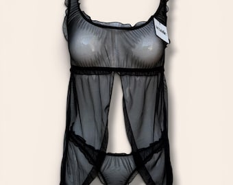 Black Sheer Babydoll Lingerie Set – Fully Sheer, Open Front, Matching Thong, Gift for her,  Lingerie Set