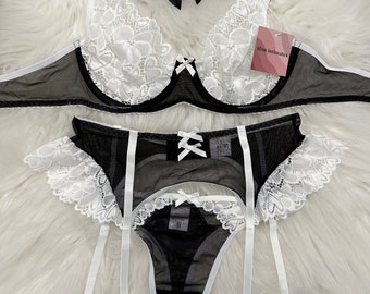 Black & White Floral Heart Soft Lace Lingerie set with, Garter Belt, Choker, Thigh high, Gift for women