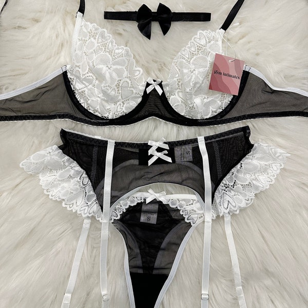 Black & White Floral Heart Soft Lace Lingerie set with, Garter Belt, Choker, Thigh high, Gift for women